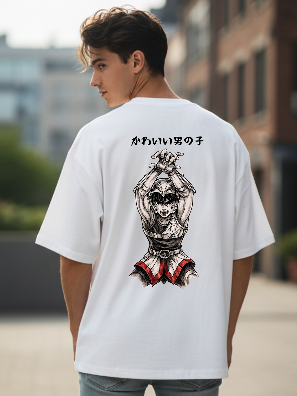 Brave Cosmic Knight French Terry Oversized Streetwear White T-Shirt