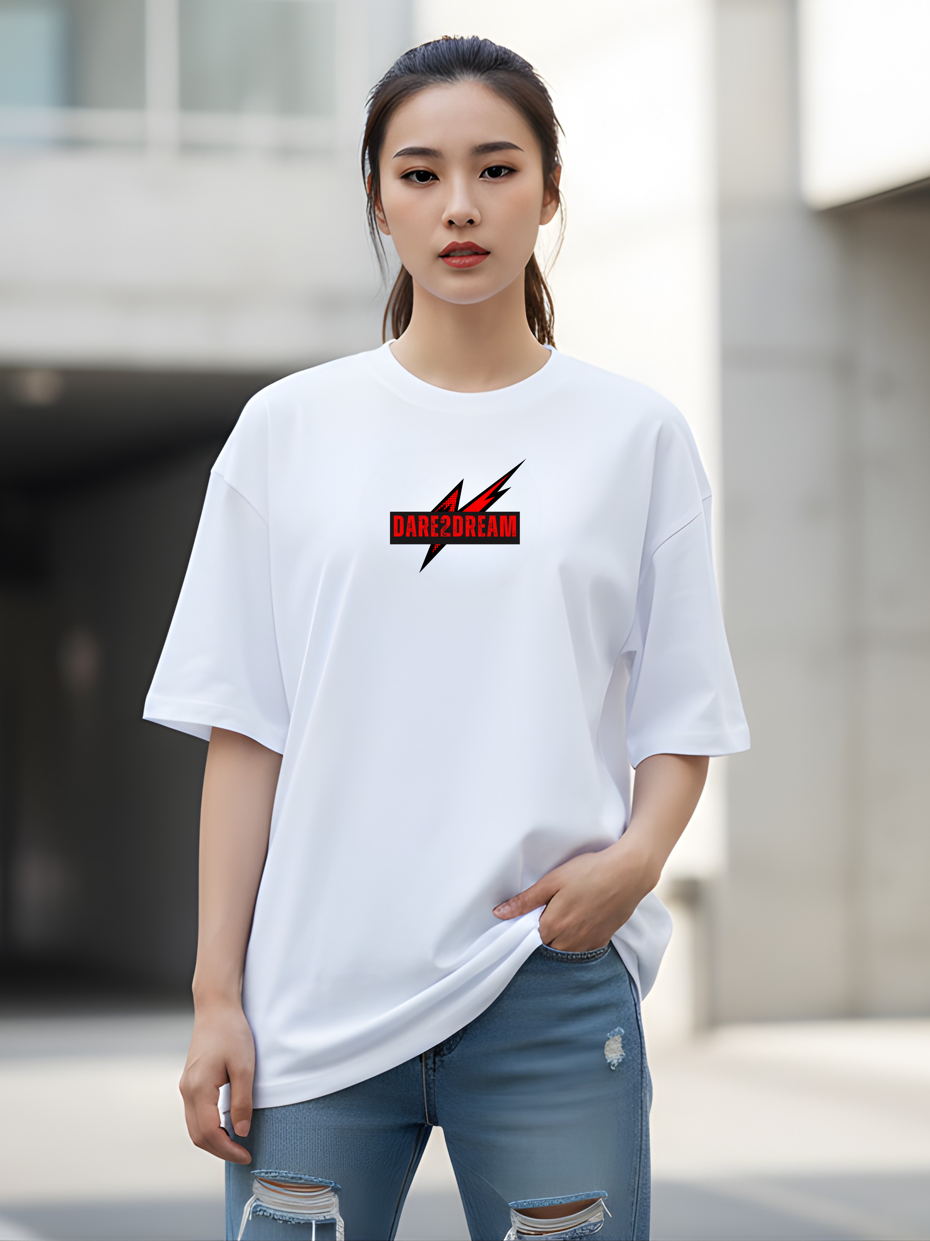 Brave Cosmic Knight French Terry Oversized Streetwear White T-Shirt