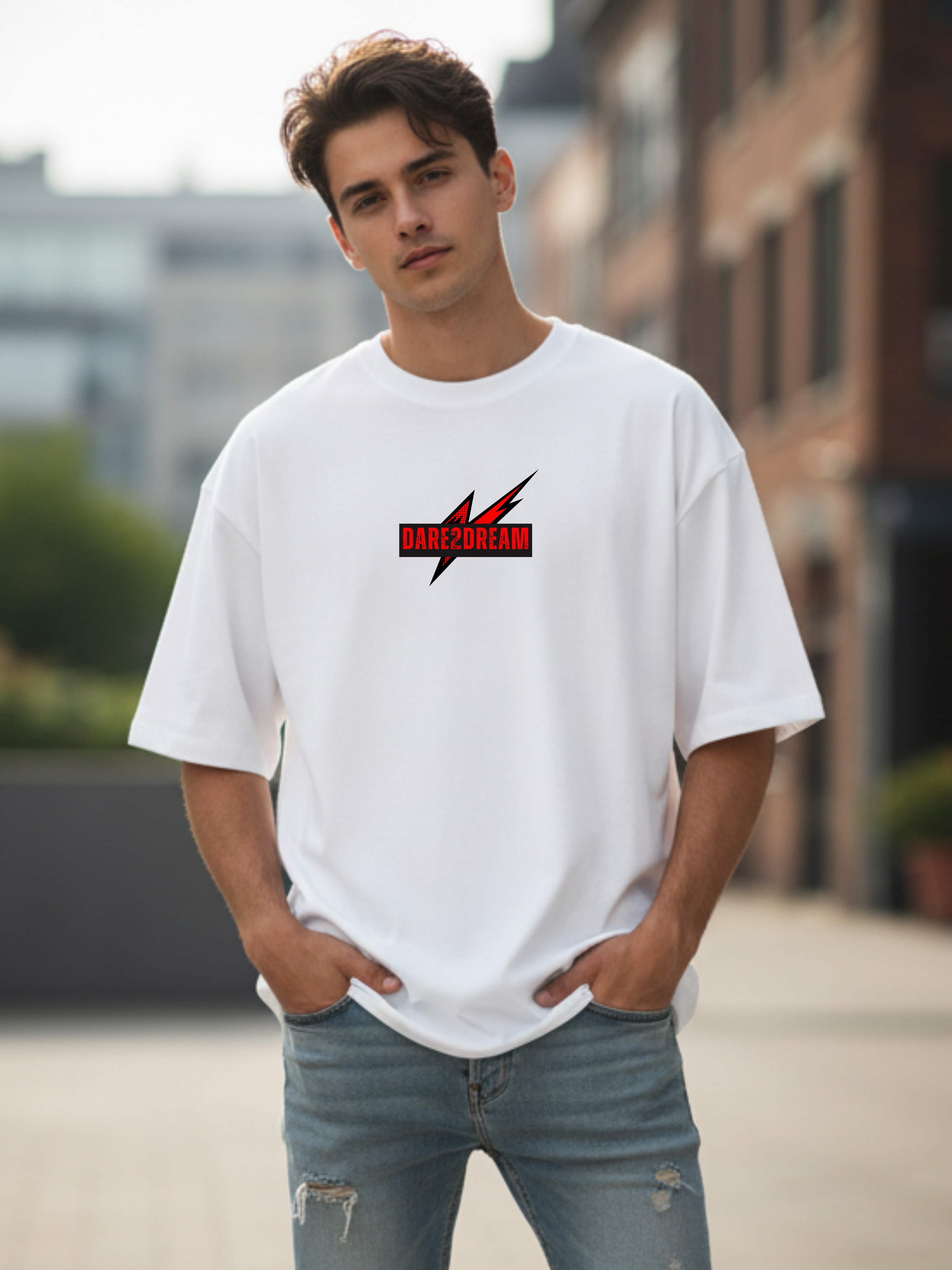 Brave Cosmic Knight French Terry Oversized Streetwear White T-Shirt